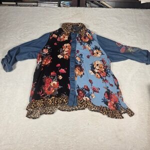 Caleoas Button Women 2X  Floral Leopard Mixed Media Embroidered Boho Top pockets